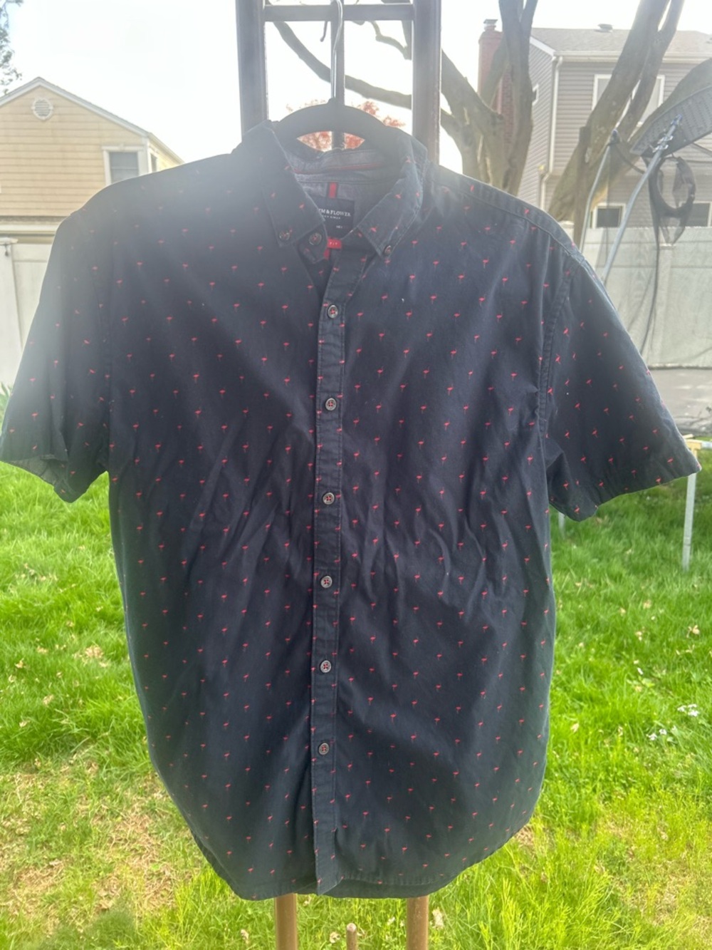 Denim & Flower Navy Short-Sleeve Button-Down Shirt with Red Micro Print